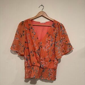 Lush Women's Pink Smocked Floral Blouse Flowy Sleeves Size Small